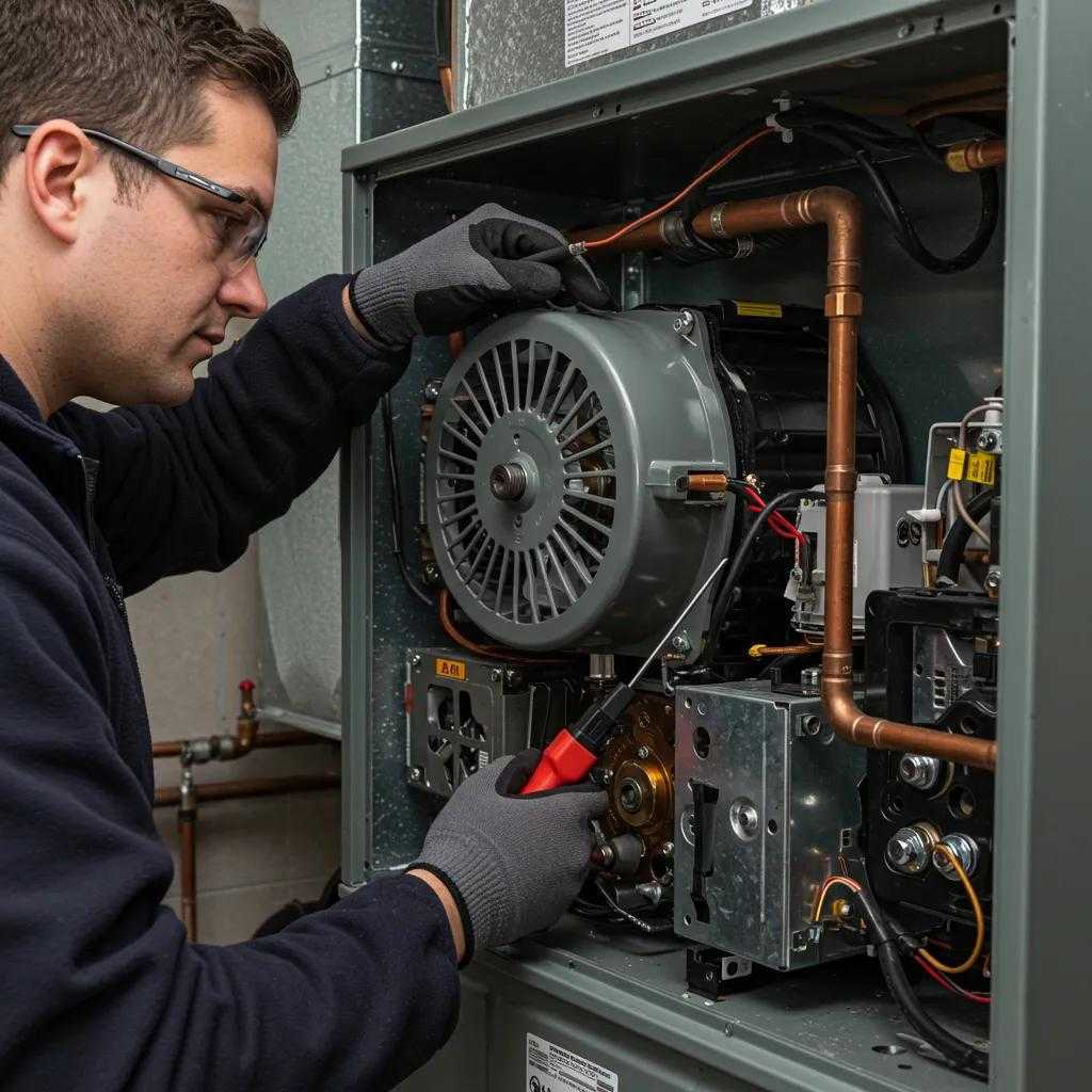 HVAC technician diagnosing unusual furnace noises, highlighting maintenance importance