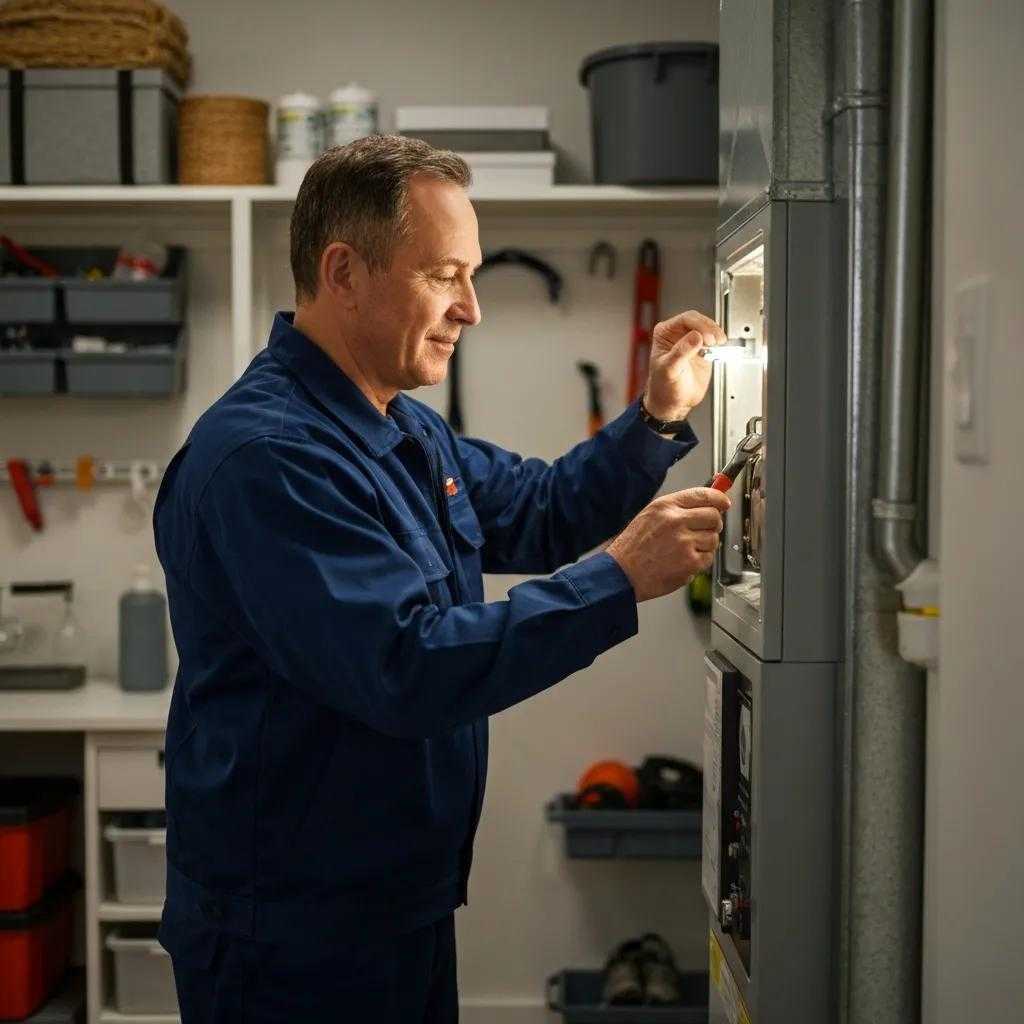 Local technician performing a furnace tune-up in a cozy home