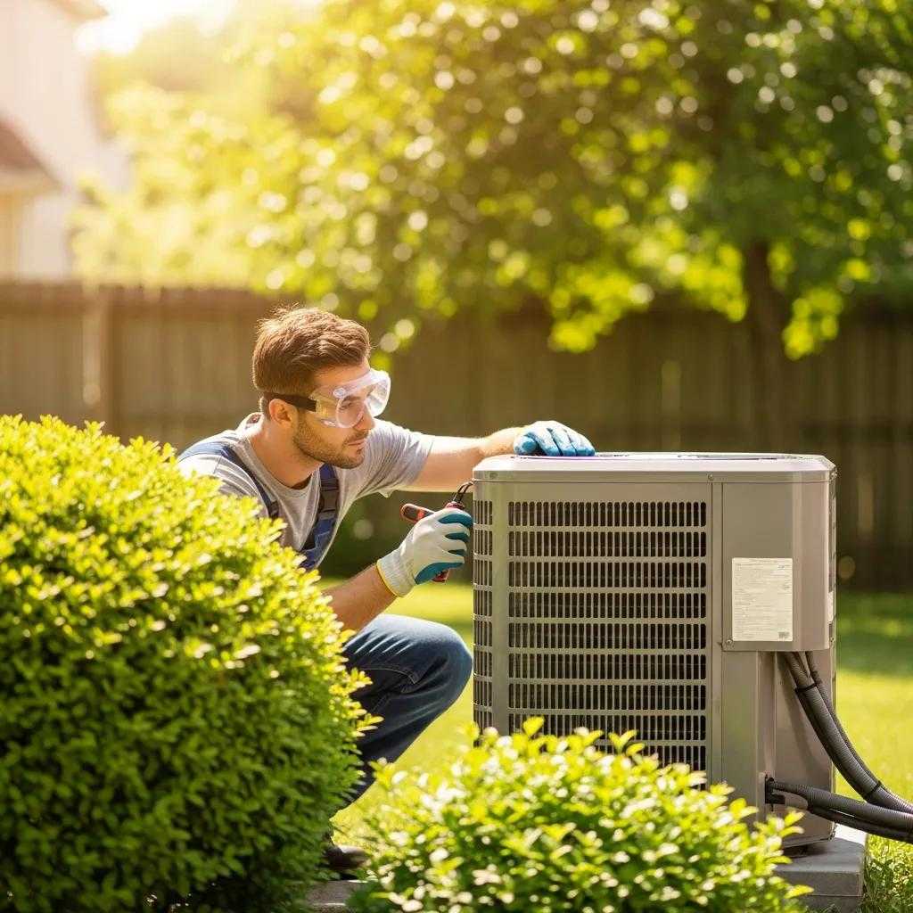 Seasonal AC Tune-Up Checklist for Optimal Cooling 1 Technician performing seasonal AC tune-up outdoors, highlighting air conditioning maintenance